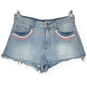 Kendall & Kylie light wash frayed boho shorts with white‎ and pink studs studded